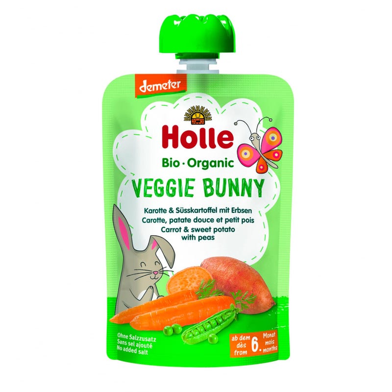 Holle Purée Bio - Veggie Bunny - Carotte et Patate Douce avec Pois (À partir de 6 mois)
