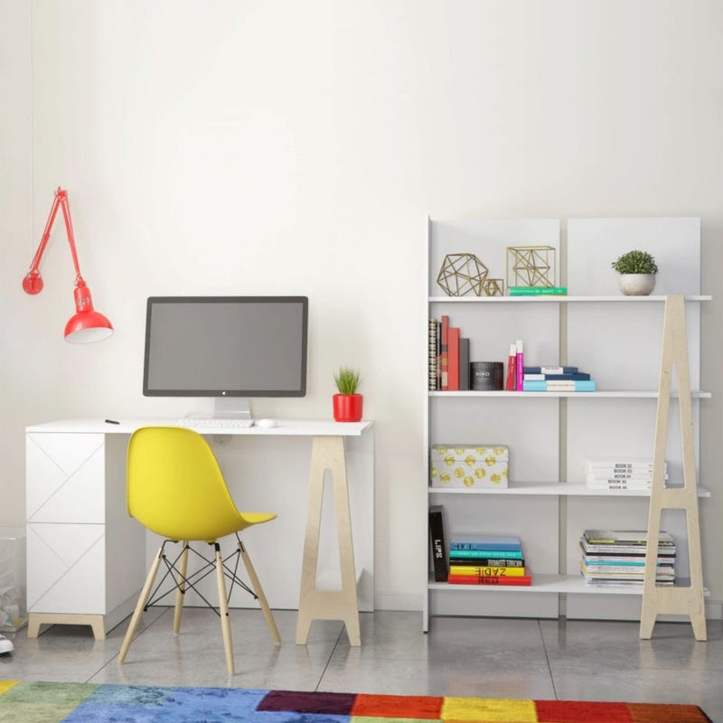 Nexera Atypik Desk and Bookcase Set - White / Cherry Plywood