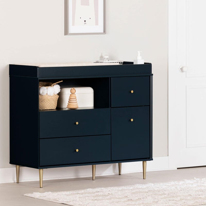 South Shore Furnitures Changing Table with Drawers and Open Storage - Dylane Navy Blue