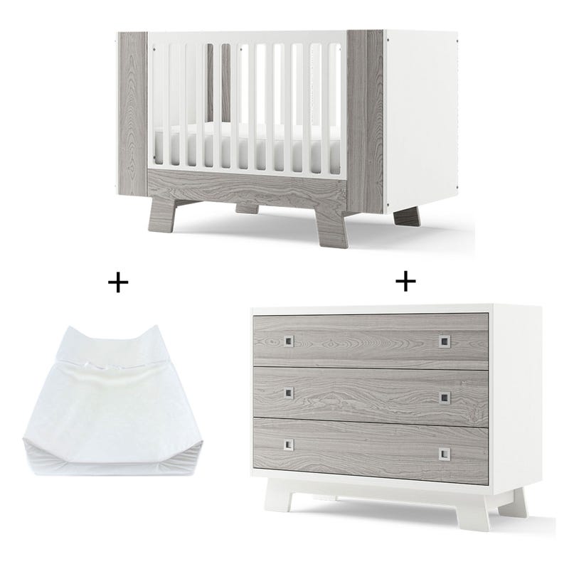 Crib + 3-Drawers Dresser + Changing Pad + FREE Crib conversion kit - Pomelo Rustic Grey and White