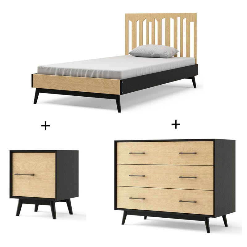 Twin Bed + Nightstand + 3-Drawers Dresser - Lollipop Natural and Black