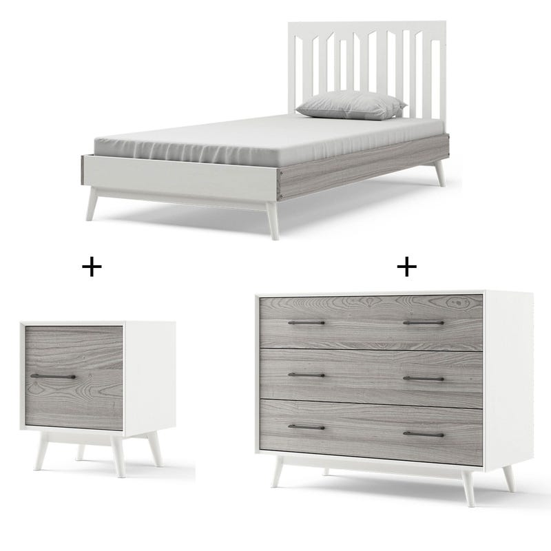 Twin Bed + Nightstand + 3-Drawers Dresser - Lollipop White and Rustic Grey
